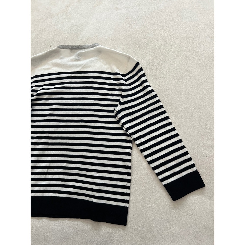 Lauren Ralph Lauren Petite Striped Sweater White Black Gray Zip Shoulder Cotton - Picture 13 of 13